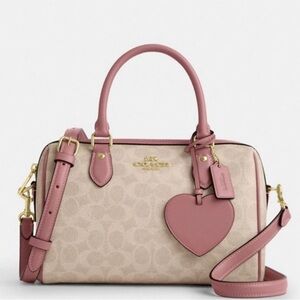 COACH CDB21 Rowan Satchel Bag Signature Canvas & Leather Heart Charm Sand/Peony